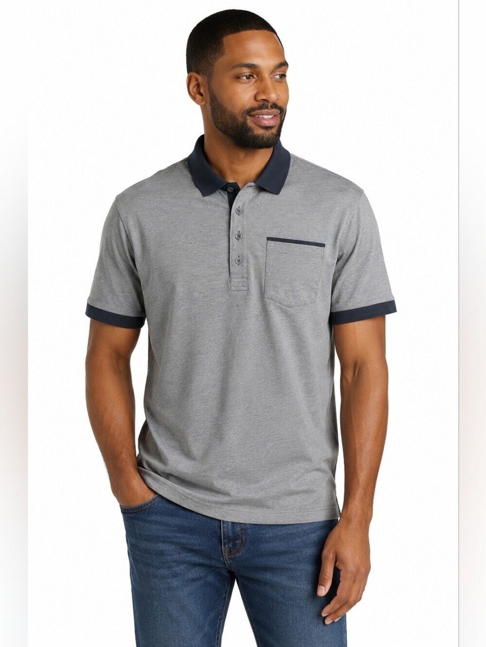 Travis Mathew Men's Polo Shirt Gray Black Mid Button Size Medium Golf Outdoors